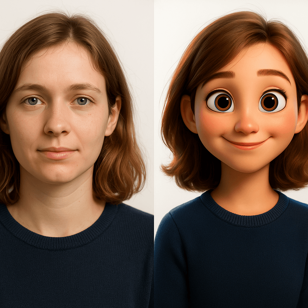Before and after photo transformation to Pixar animation style showing exaggerated features and vibrant colors