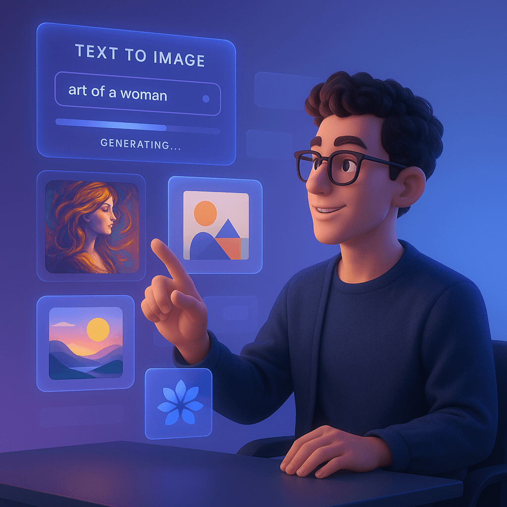 AI creative workspace with floating designs and holographic UI elements